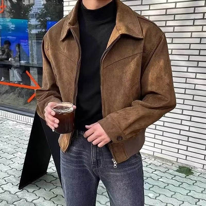 Men's Spring and Autumn Retro Brown Coffee Suede Coat Short Flight Jacket