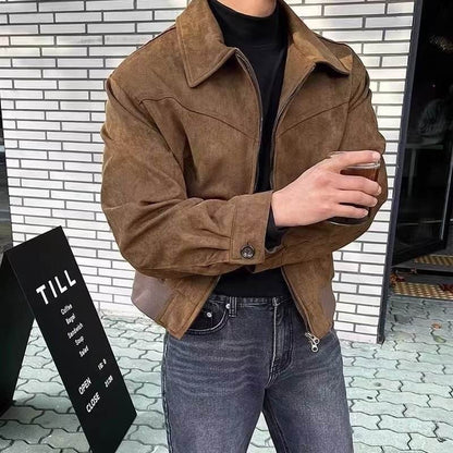 Men's Spring and Autumn Retro Brown Coffee Suede Coat Short Flight Jacket