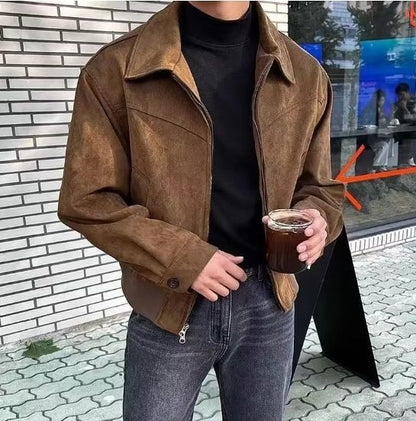 Men's Spring and Autumn Retro Brown Coffee Suede Coat Short Flight Jacket