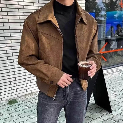 Men's Spring and Autumn Retro Brown Coffee Suede Coat Short Flight Jacket