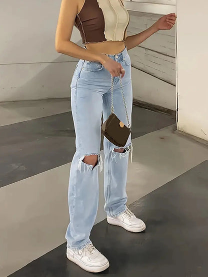 HIGH WAISTED RIPPED JEAN IN LIGHT BLUE